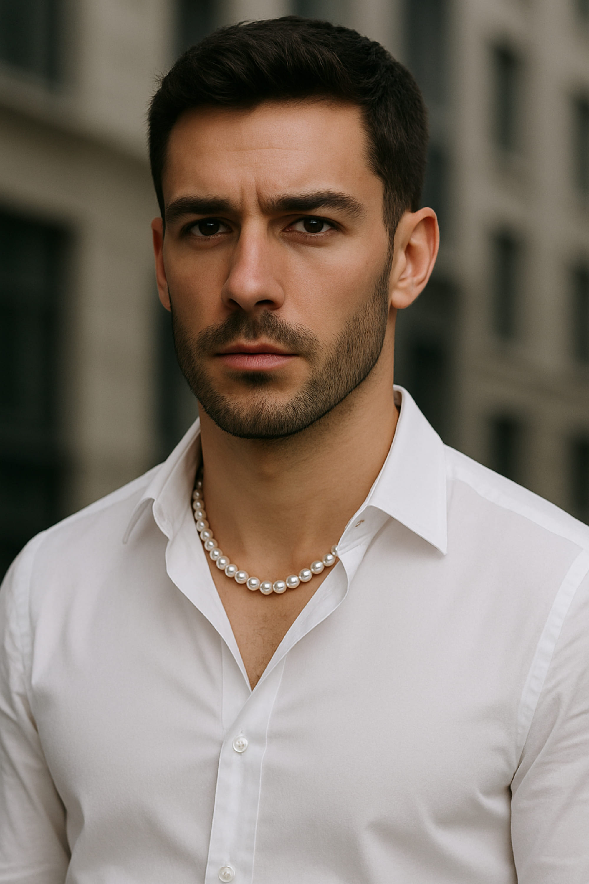 Colier Perle Barbati Albe 7–8 mm, Calitatea AA+, Aur Galben 14K, Vedere Detaliu Piept Cămașă Albă